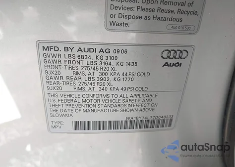 2007 Audi Q7 3.6 Premium z USA, uszkodzony, nr VIN WA1BY74L77D048333